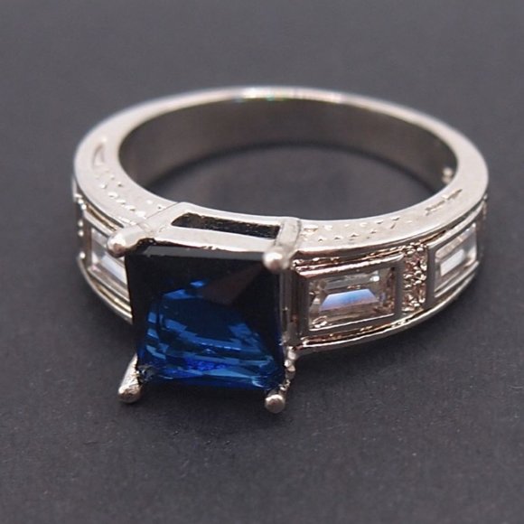 Fashion Jewelry Jewelry - Ladies Large Blue Sapphire Princess Cut  Bridal Ring .925 Solid Sterling Silver
